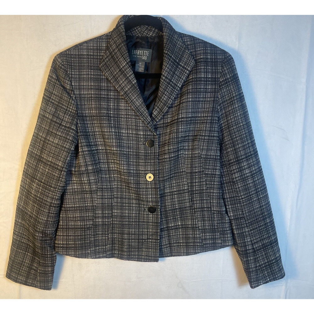 Lafayette 148 New York Wool Silk Blazer Jacket‎ 3 Button Black White Womens 10